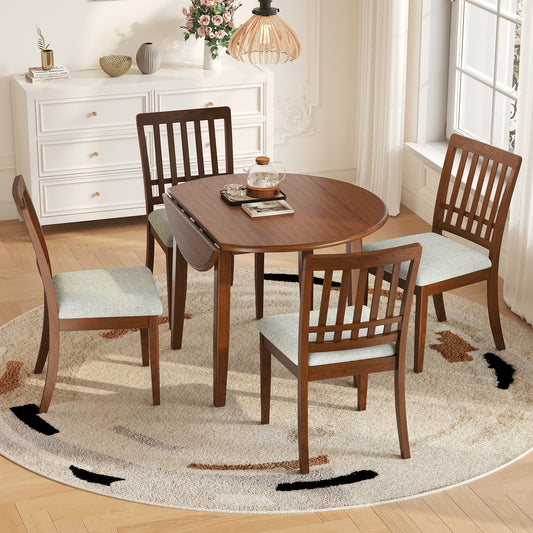 5-Piece Round Dining Table Set For 4 People, 1 Folding Wood Dining Table 4 Upholstered Chairs, Space-Saving Design For Small Apartments And Dining Areas - BROWN