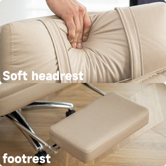 Swivel Ergonomic Office Chair, Technology Leather High Back Office Chair With Lumbar Support Headrest, Sedentary Comfortable Boss Chair, 155 Reclining Computer Chair Color Beige