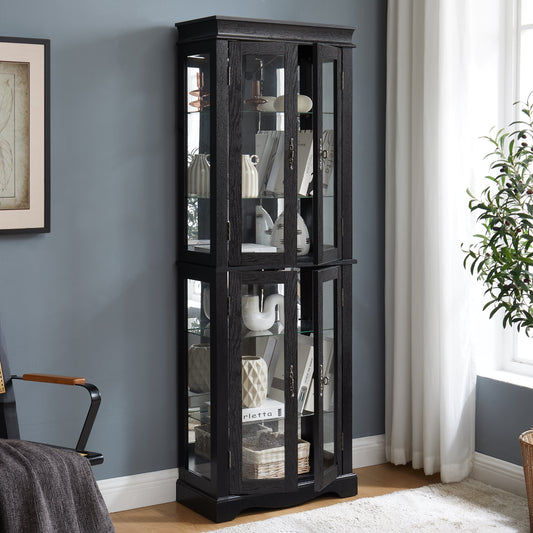 Lighted Glass Curio Display Cabinet,Display Cabinet,Glass Storage Cabinet Glass Wine Cabinet Wood Frame Toy Display For Living Room, Kitchen, Pantry Light Bulb Included BIACK