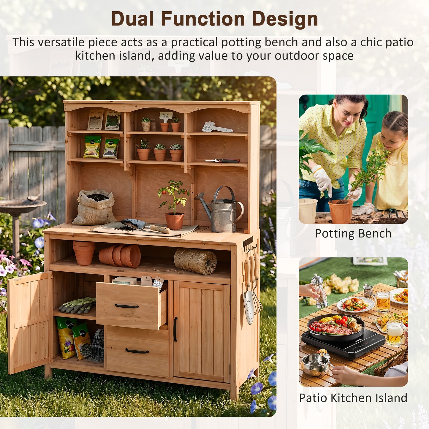 With Assembly Video TOPMAx Large Fir Wood Potting Bench 45.3 L Multi- Functional Outdoor Patio Kitchen Island With Hutch Cabinets Drawers & Hooks Large Countertop For Gardening Grill Natural Wood