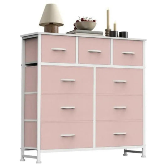 Dresser For Bedroom With 9 Fabric Storage Drawer Wardrobe Tall Chest Organizer Closet Adult&Kids Clothes Cabinet Furniture