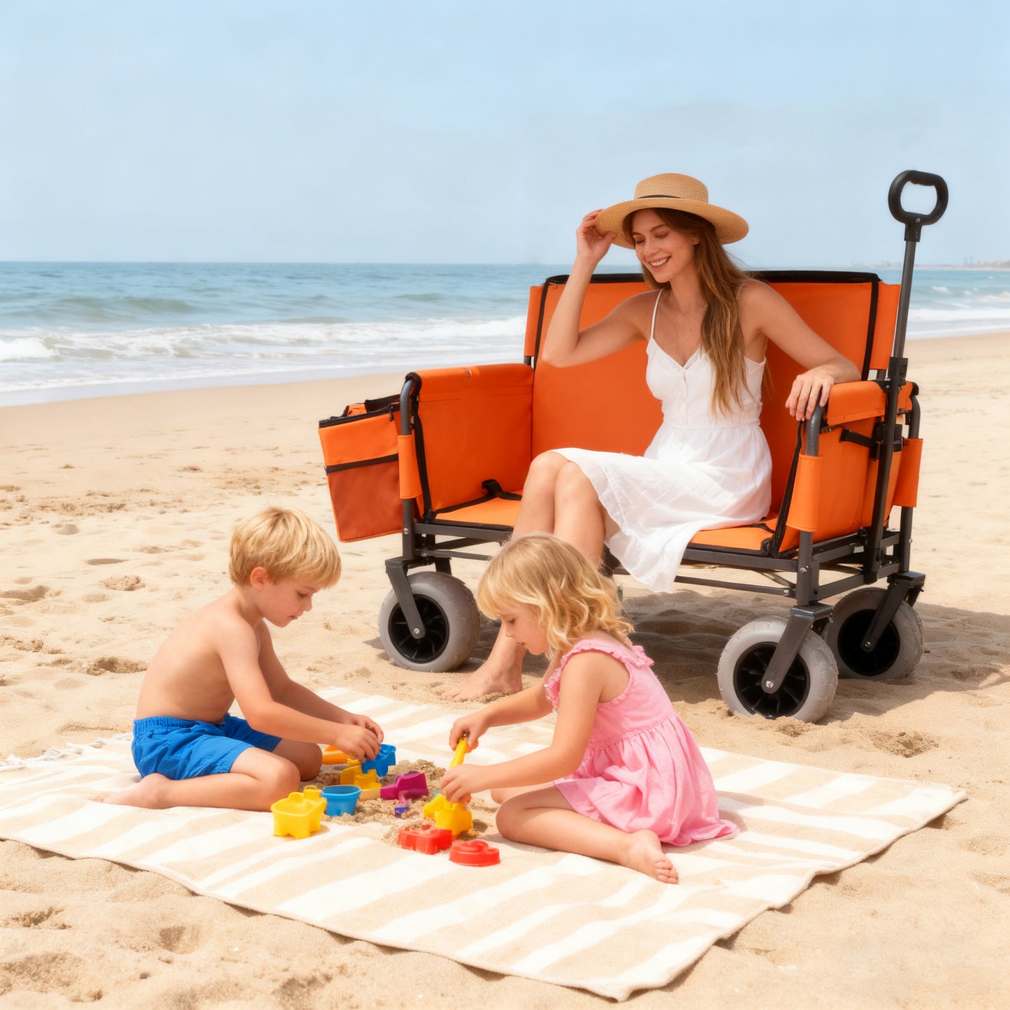 3- In- 1 Folding Wagon With Bench Seat - Patent Protection Includes 1 Ice Pack 500lbs Capacity 9 X4 Beach Tires For Camping & Beach Orange