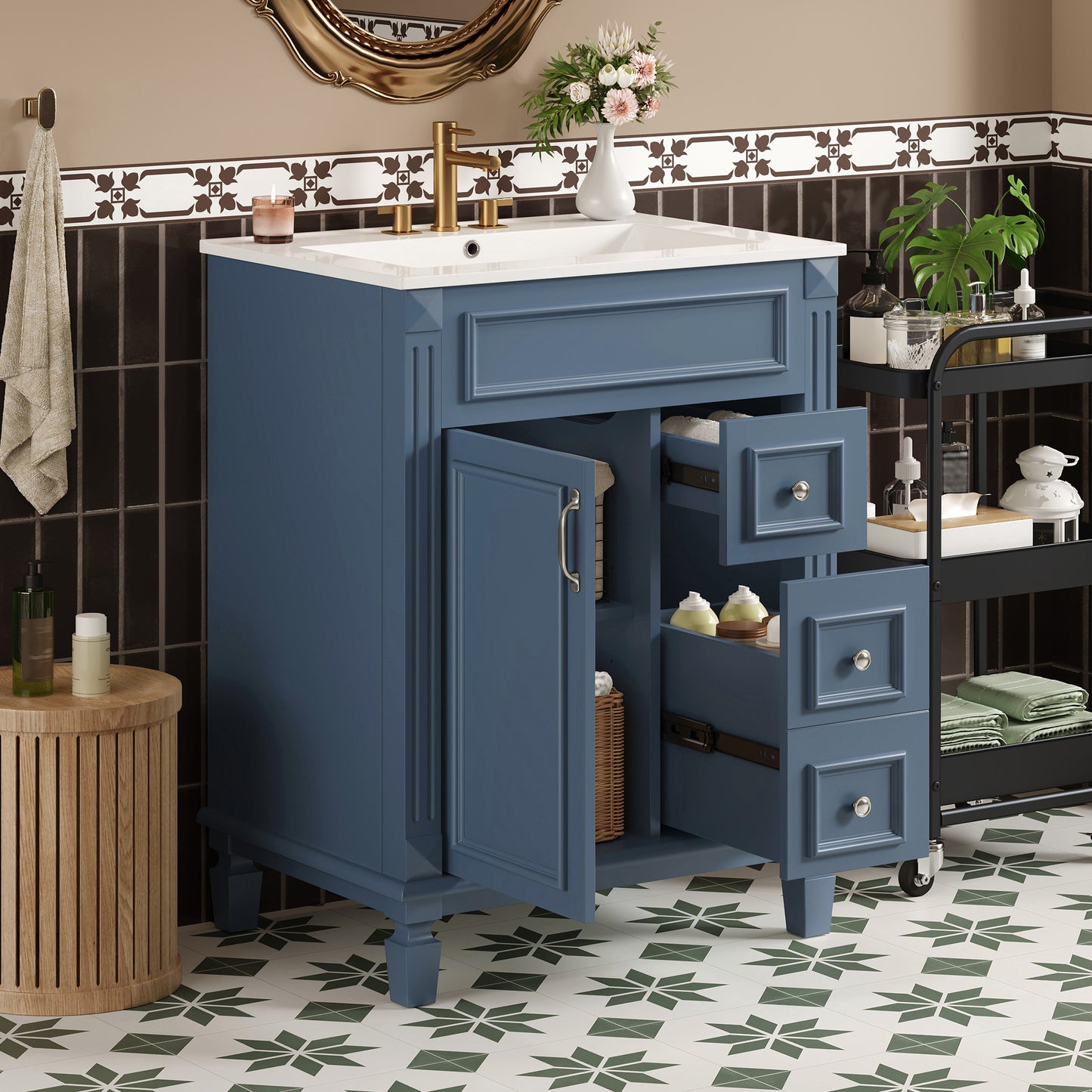 24 Bathroom Vanity With Ceramic Sink, Small Bathroom Sink Cabinet, Modern Cabinet With 2 Drawers And Adjustable Shelf
