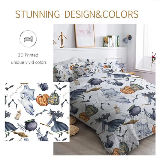 8pcs Halloween Comforter Set, Witch Pattern Bed In A Bag Bedding With Comforter Sheet Sham - 1 Comforter, 2 Pillow Shams, 1 Flat Sheet, 1 Fitted Sheet, 1 Cushion Cover, 2 Pillowcases All Season