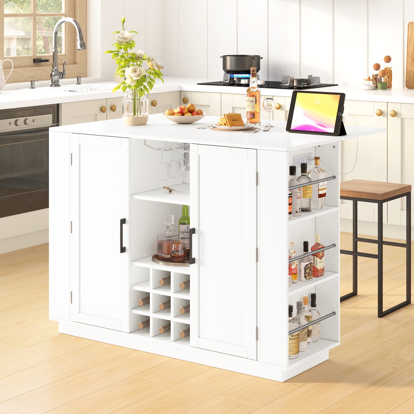 U-Style 47.2 Kitchen Island With Drop Leaf & Power Outlet Wine Bar Cabinet With Bottle Rack & Glass Holder Coffee Bar 2- Door Buffet Sideboard With Side Shelves Melamine MDF
