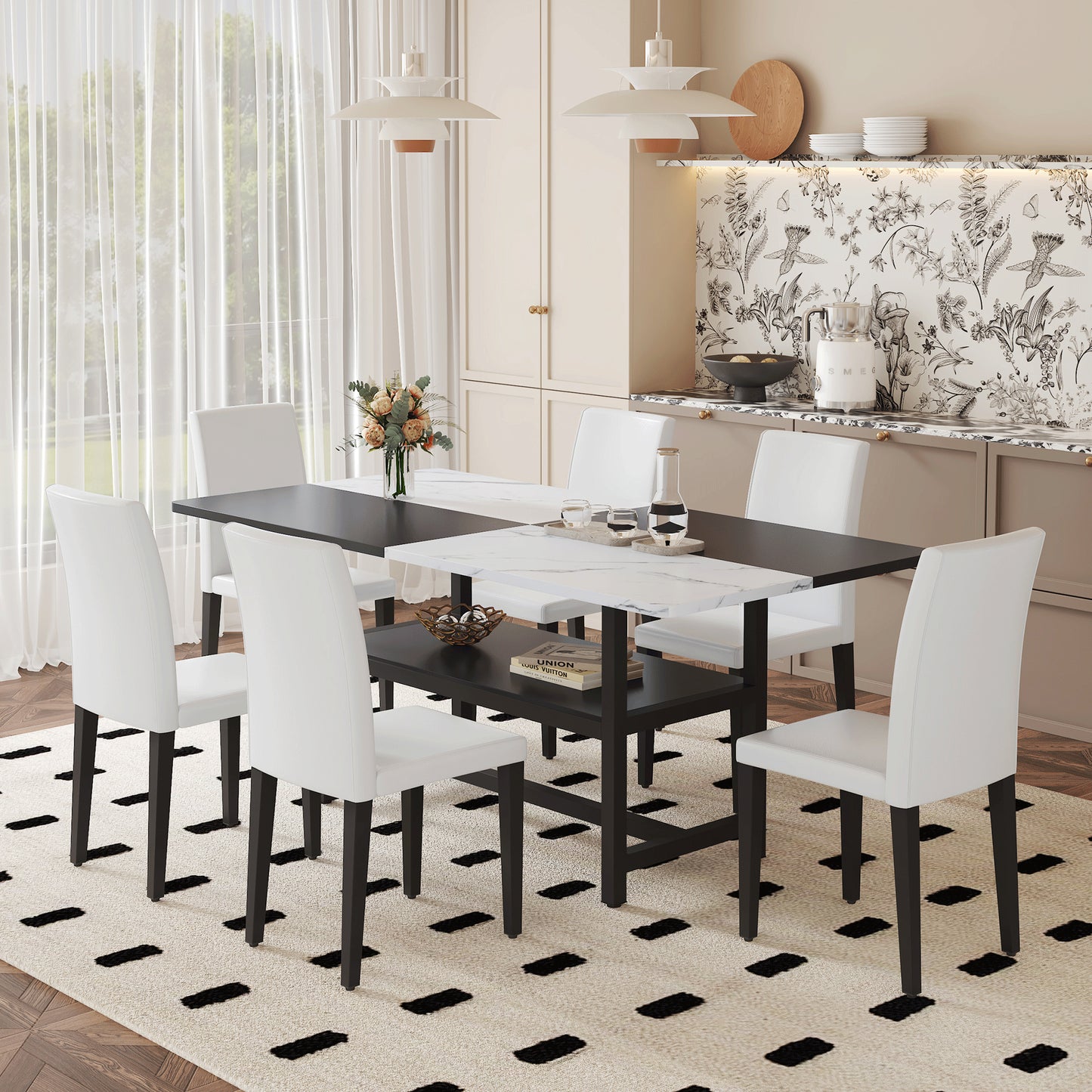 Table And Chair Set.71x35.4 Inch White And Black Spliced Dining Table With Storage Function In The Middle Of The Table Legs.Paired With 6 White PU Dining Chairs, Simple And Versatile.