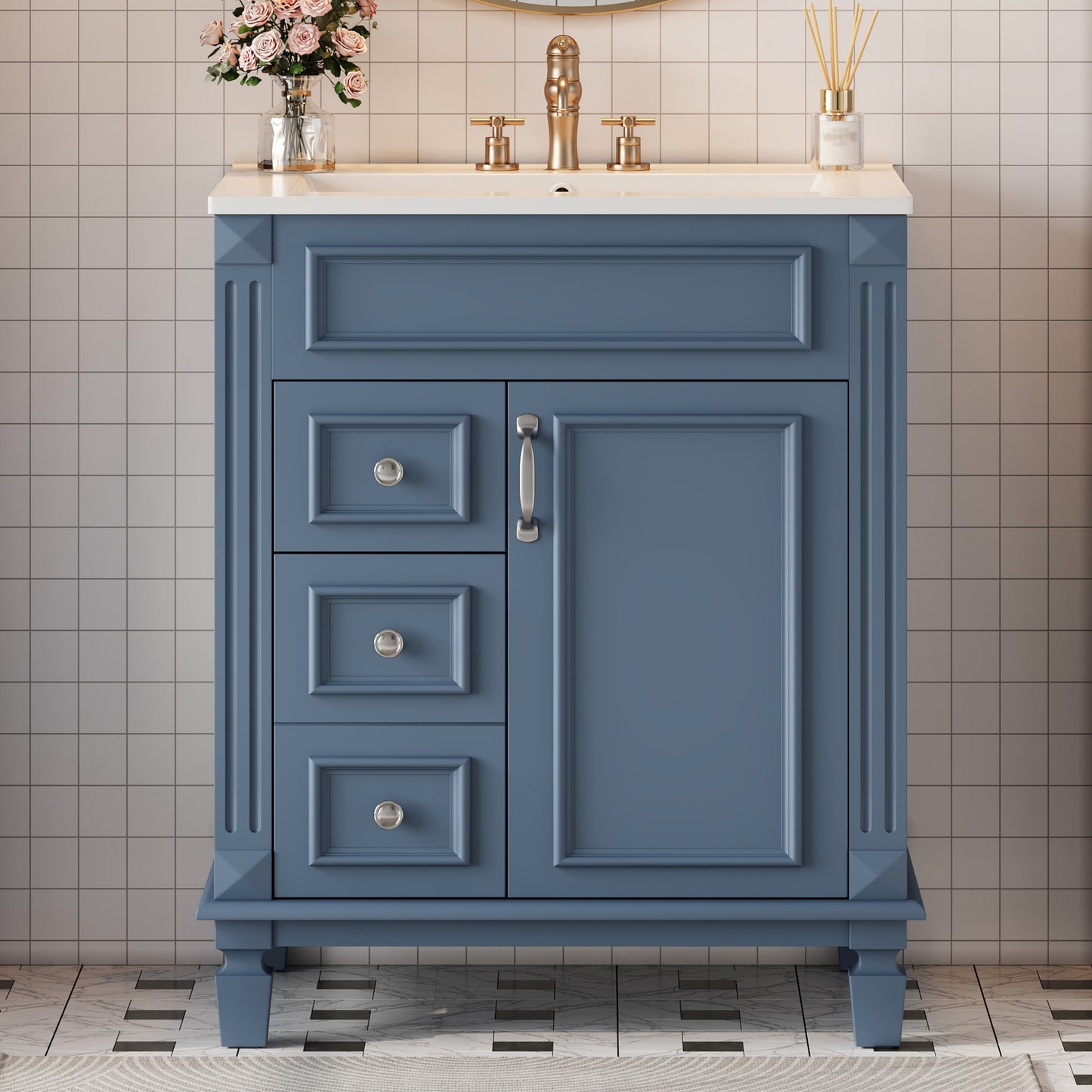 24 Bathroom Vanity With Ceramic Sink, Small Bathroom Sink Cabinet, Modern Cabinet With 2 Drawers And Adjustable Shelf