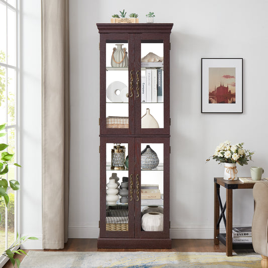 Lighted Glass Curio Display Cabinet,Display Cabinet,Glass Storage Cabinet Glass Wine Cabinet Wood Frame Toy Display For Living Room, Kitchen, Pantry Light Bulb Included Dark Cherry