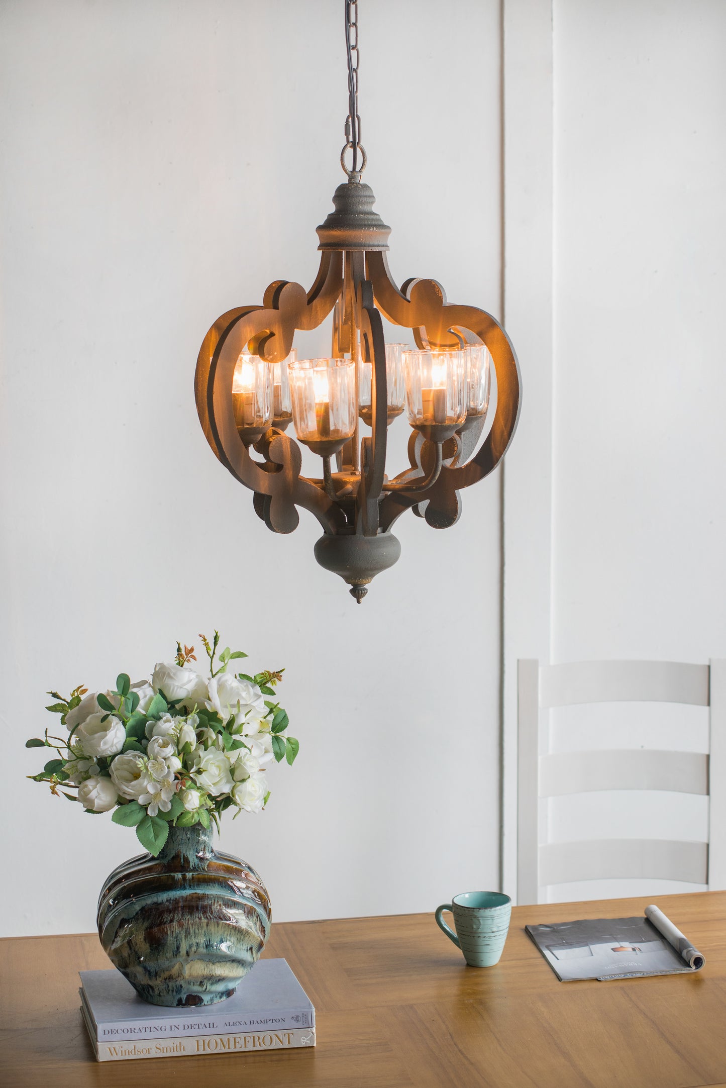 Farmhouse Chandelier, 6-Light Wood Chandelier Pendant Light Fixture With Adjustable Chain For Dining Room Living Room Entryway, Bulb Not Included