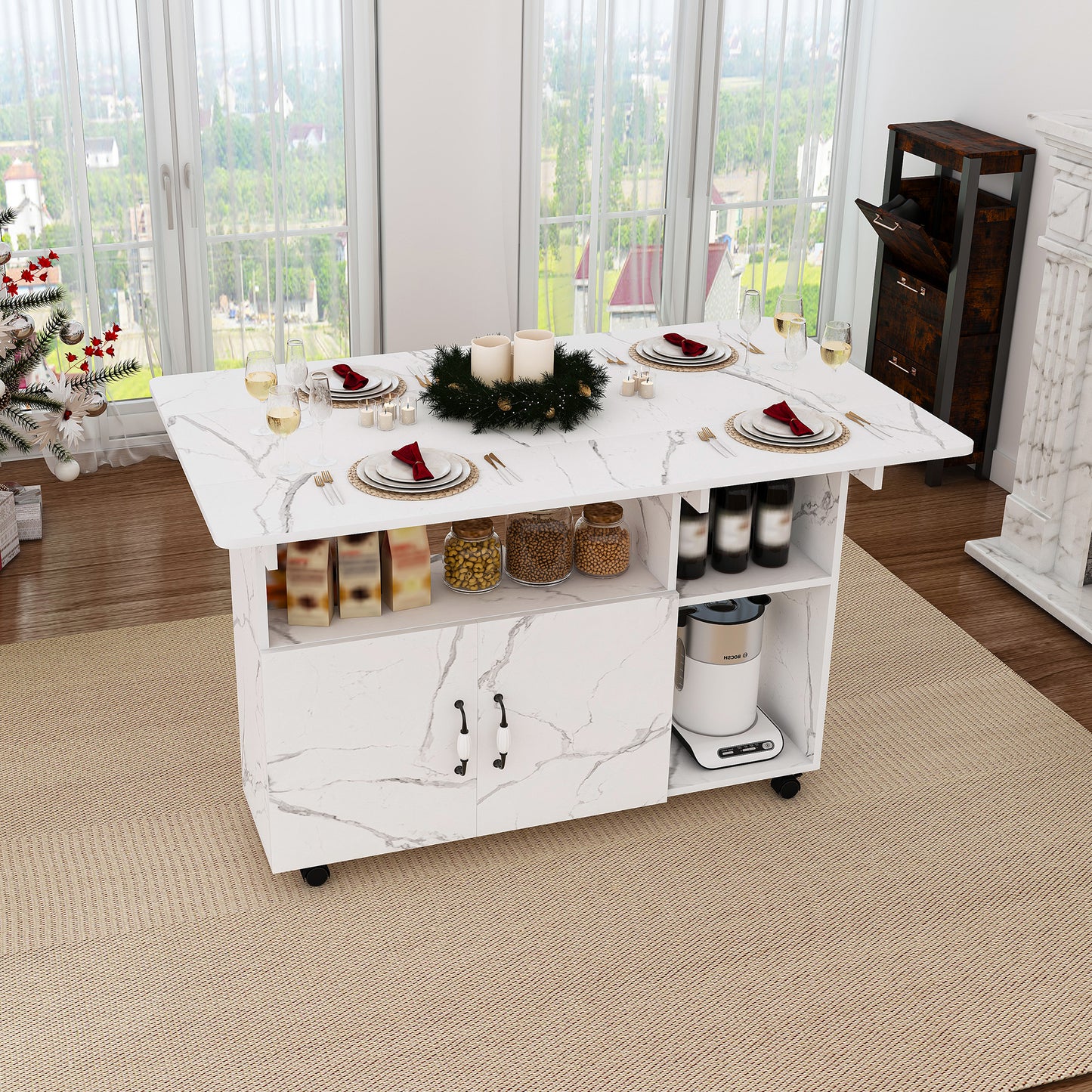 Multi-Functional Folding Table With Storage Shelves And Wheels 47 Inch Foldable Dining Table For Small Spaces Compact Desk For Kitchen Dorm Office White