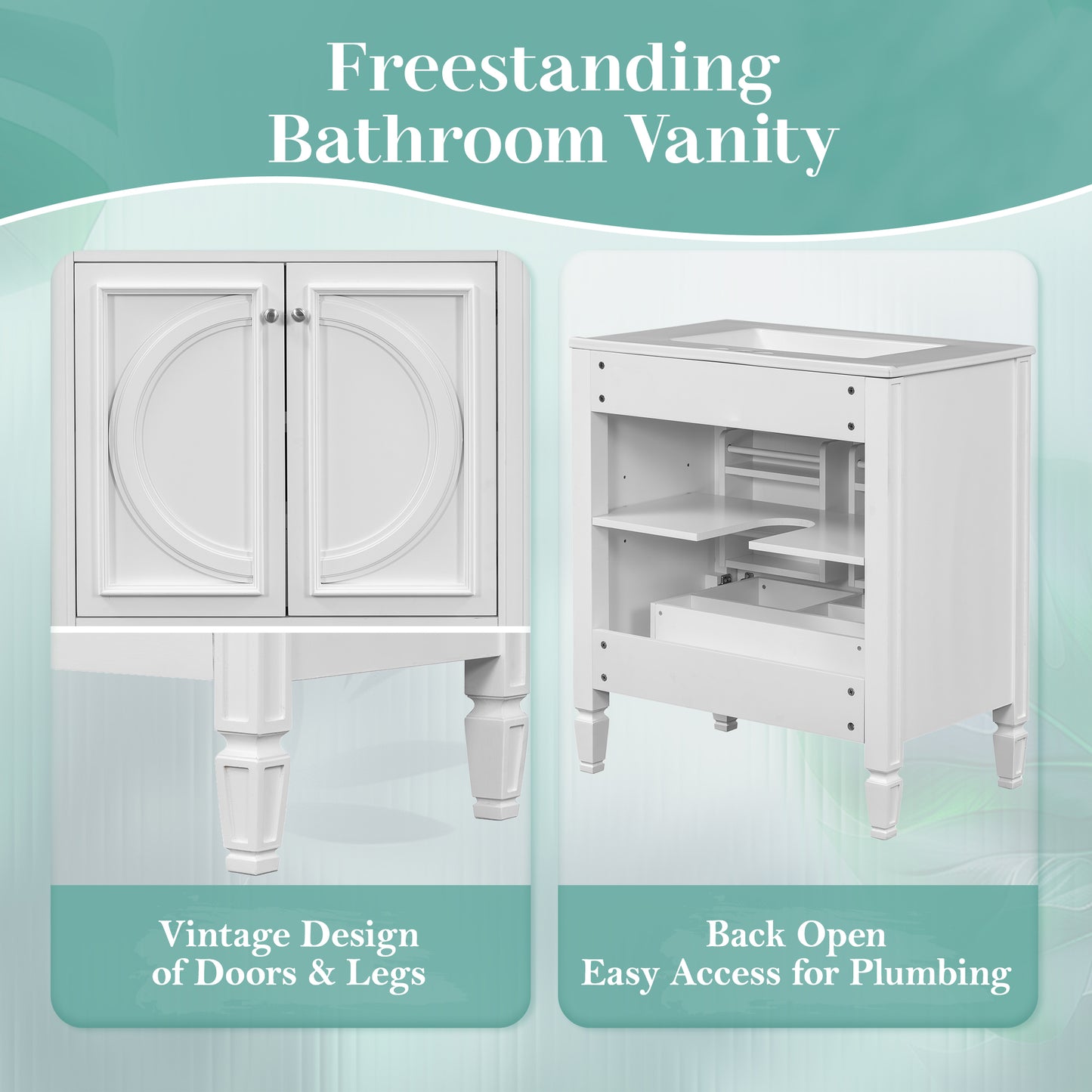 30 Bathroom Vanity With Sink, Two Doors With Shelf, Soft Close Door Hinges, Vintage Style, White