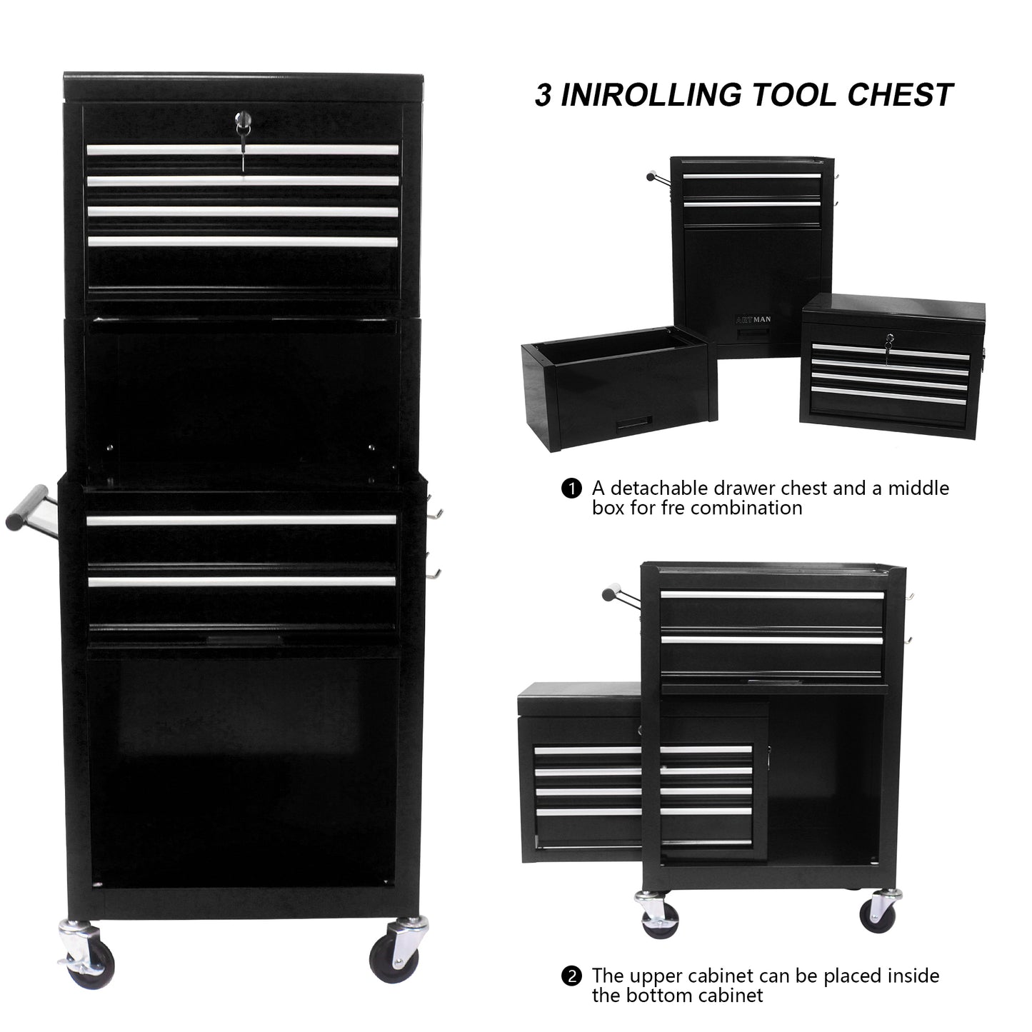 Tool Cabinet On Wheels, 6-Drawer Lockable Rolling Tool Chest W 4 Universal Wheels, 2 In 1 Detachable Tool Box Storage Organizer For Garage Workshop Repair Shop, Black