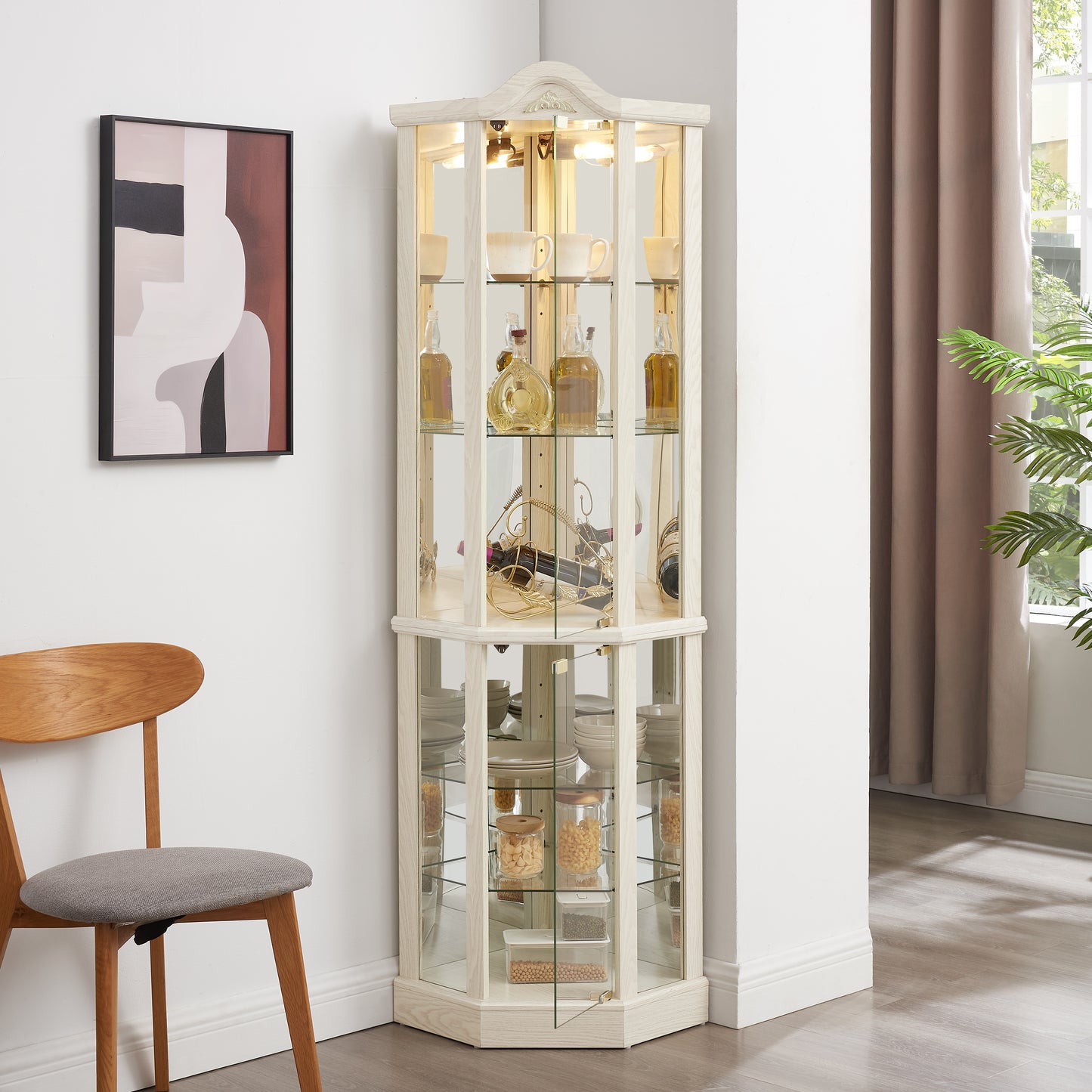 Glass Cabinet Lighted Corner Cabinet Corner Display Curio Cabinet, Glass Display With Light Included Bar Cabinet, Wine Cabinet With Adjustable Glass Shelves Carved Decoration WHITE, Light Included