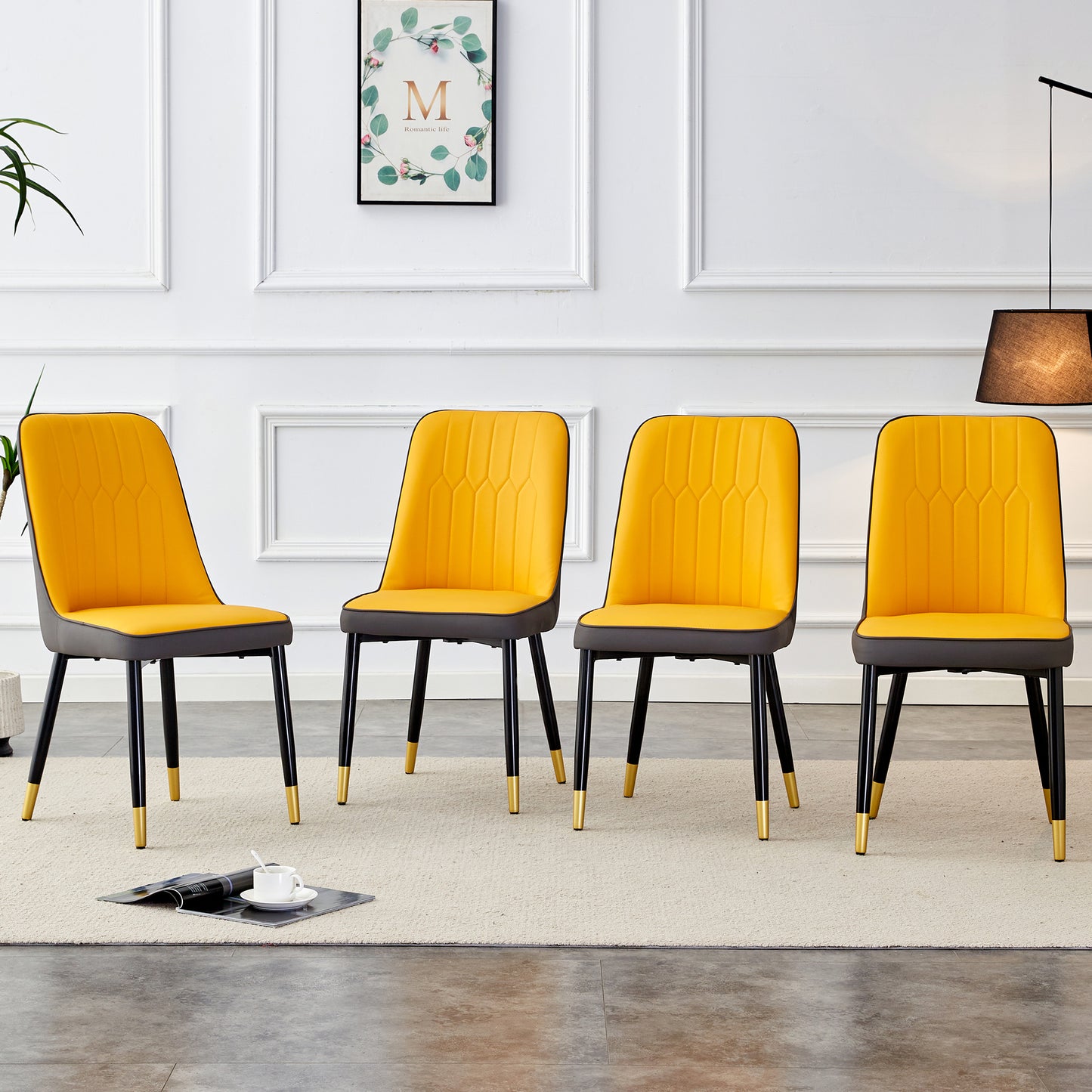 A Modern Dining Chair With Orange Yellow Dark Gray Dual Tone PU Leather Backrest And Black Metal Legs, Suitable For Kitchens, Bedrooms, And Offices. Set Of 4 Pieces Orange Yellow, Dark Gray PU C-007