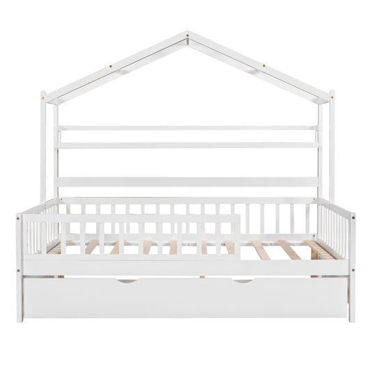 Wooden Full Size House Bed With Twin Size Trundle,Kids Bed With Shelf, White Old
