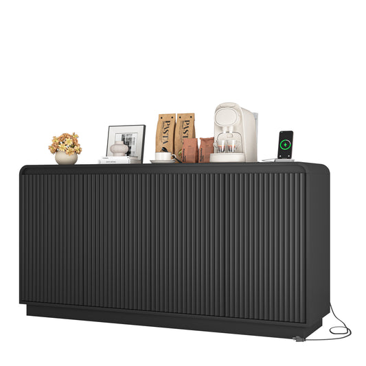 Black 4-Door Fluted TV Stand With Power Outlet, Handleless Wave Design Entertainment Center, Adjustable 3-Tier Particle Board Storage Cabinet, Multi-Functional Media Console & Buffet Sideboard