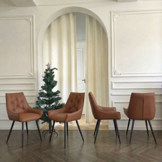 Dining Chairs Set Of 4, Camel Faux Leather Dining Room Chair, Metal Kitchen Chairs With Gold Mesh Texture And Black Sanded Legs, Flat Back Upholstered Chair Camel, Set Of 4