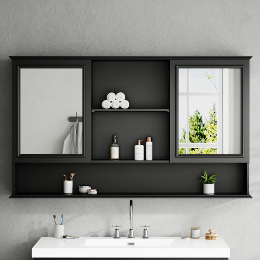 Video 60 Wall-Mounted Bathroom Medicine Cabinet With Double Mirrored Doors, Adjustable Shelves, Open Storage, Soft-Close Hinges, Black