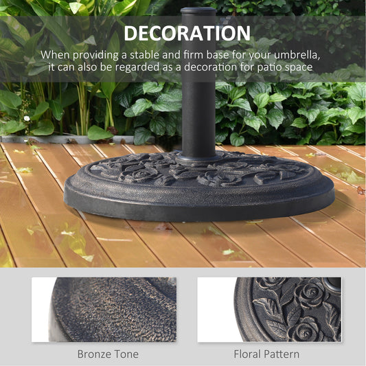 18" 20 Lbs Round Resin Umbrella Base Stand Market Parasol Holder With Decorative Rose Floral Pattern & Easy Setup, For Φ1.5", Φ1.89" Pole, For Lawn, Deck, Backyard, Garden, Bronze