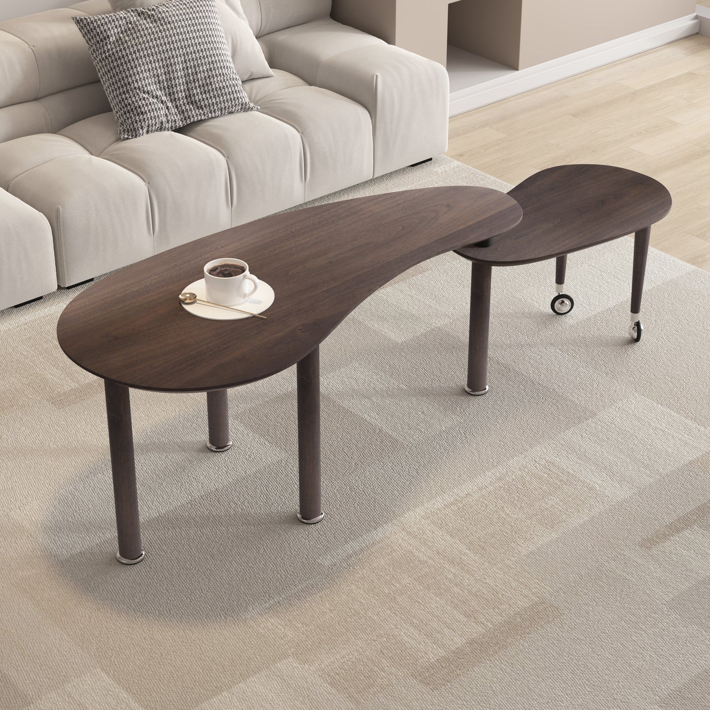 360 Degree Rotatable Coffee Table With Walnut Color Wood Grain OAK Veneer Tabletop For Living Room, Bedroom, Rotating Cocktail Table With Solid Rubber Wood Legs, Waterproof And Wear-resistant PU Paint