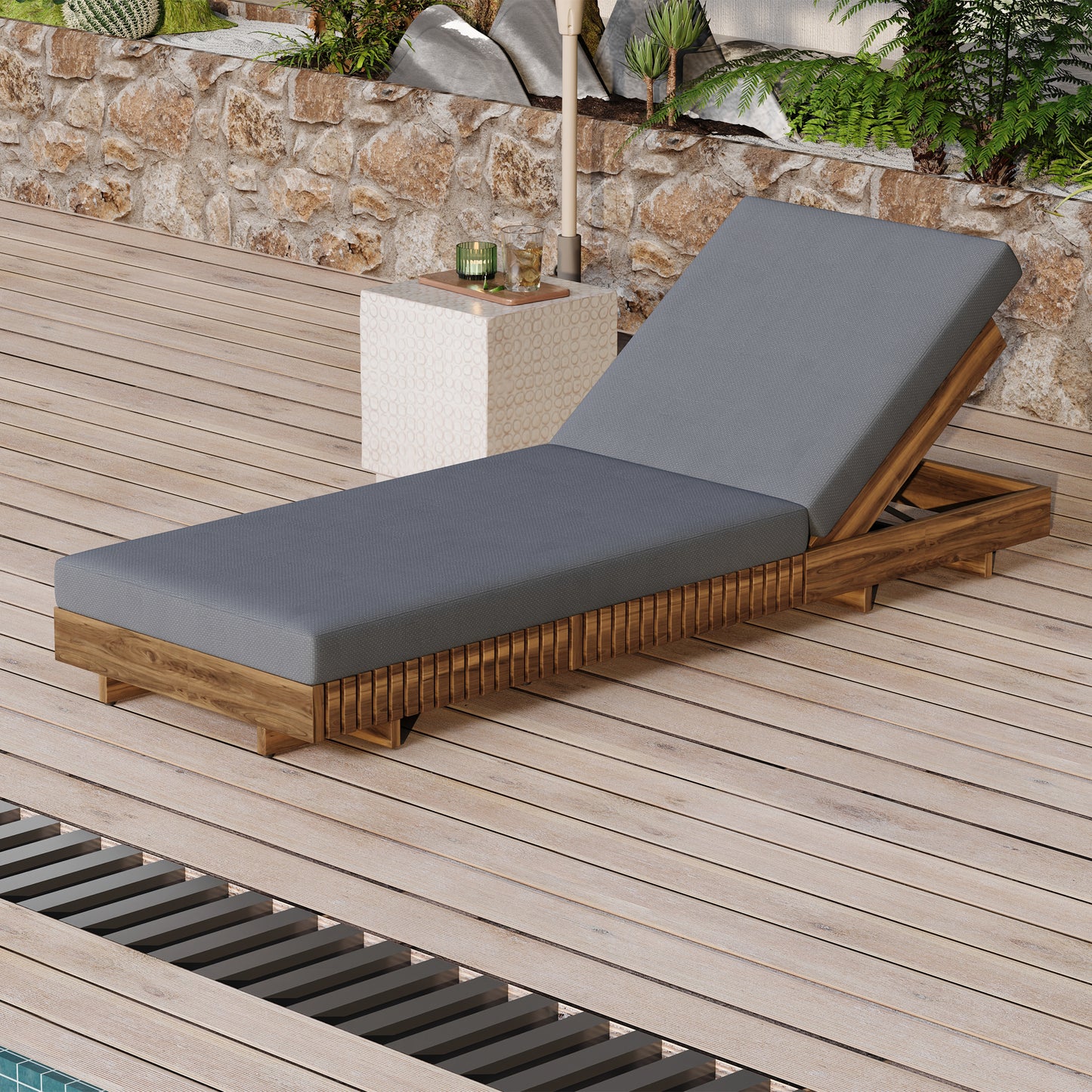 Outdoor Chaise Lounge Chair With 6-Position Adjustable Backrest,Acacia Solid Wood,TEAK COLOR Only LOUGNE FRAME, Not Include Cushion