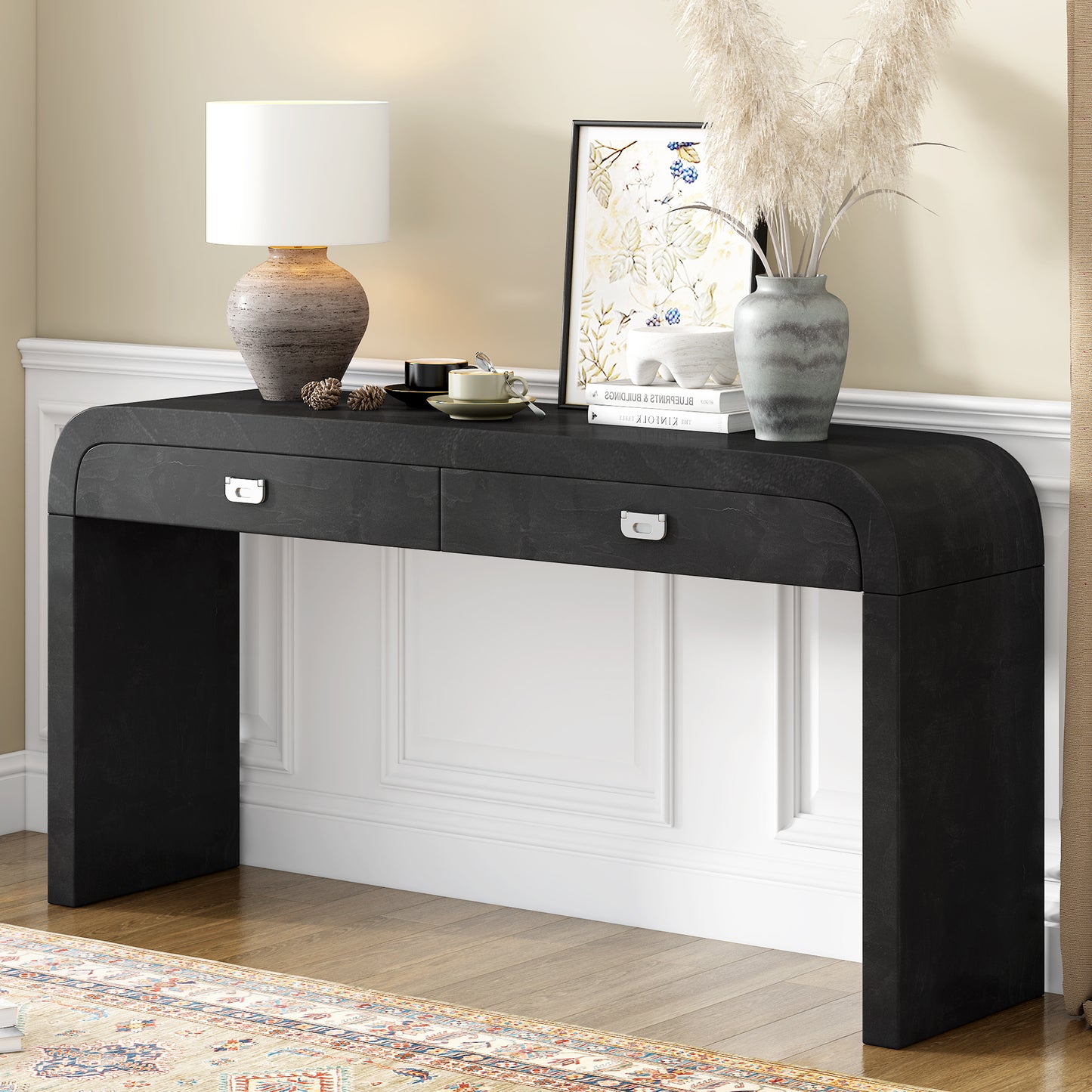U-STYLE 60 Wooden Entryway Table With Burl Veneer Console Table With 2 Large Drawers And Metal Handles Multi- Functional Sofa Table With 2 Sturdy Legs Suitable For Living Room Foyer Hallway Office