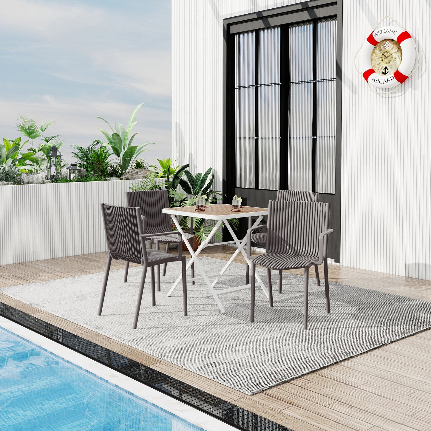 Holiday- 4pcs Warm Grey Stackable PP Armchair For Indoor Outdoor Use -Ergonomic Slatted Back With Modern Folding Indoor Outdoor Multi-functional Square Table- PP Tabletop With Metal Legs White, Khaki