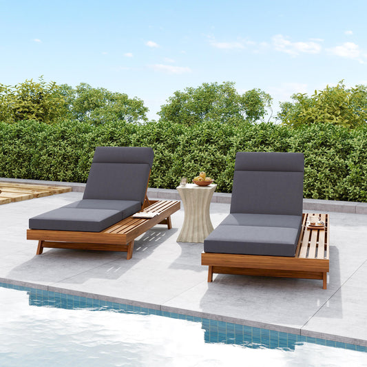 LOUNGE CHAISE SET WITH HEADREST,SPACE AVAILABLE ON ONE SIDE, ACACIA WOOD WITH WATER-RESISTANT LOUNGE CUSHIONS DARK GREY & 3-FOLD & 4 Inch - MATCHING CREAM BEIGE VERSION AVAILABLE