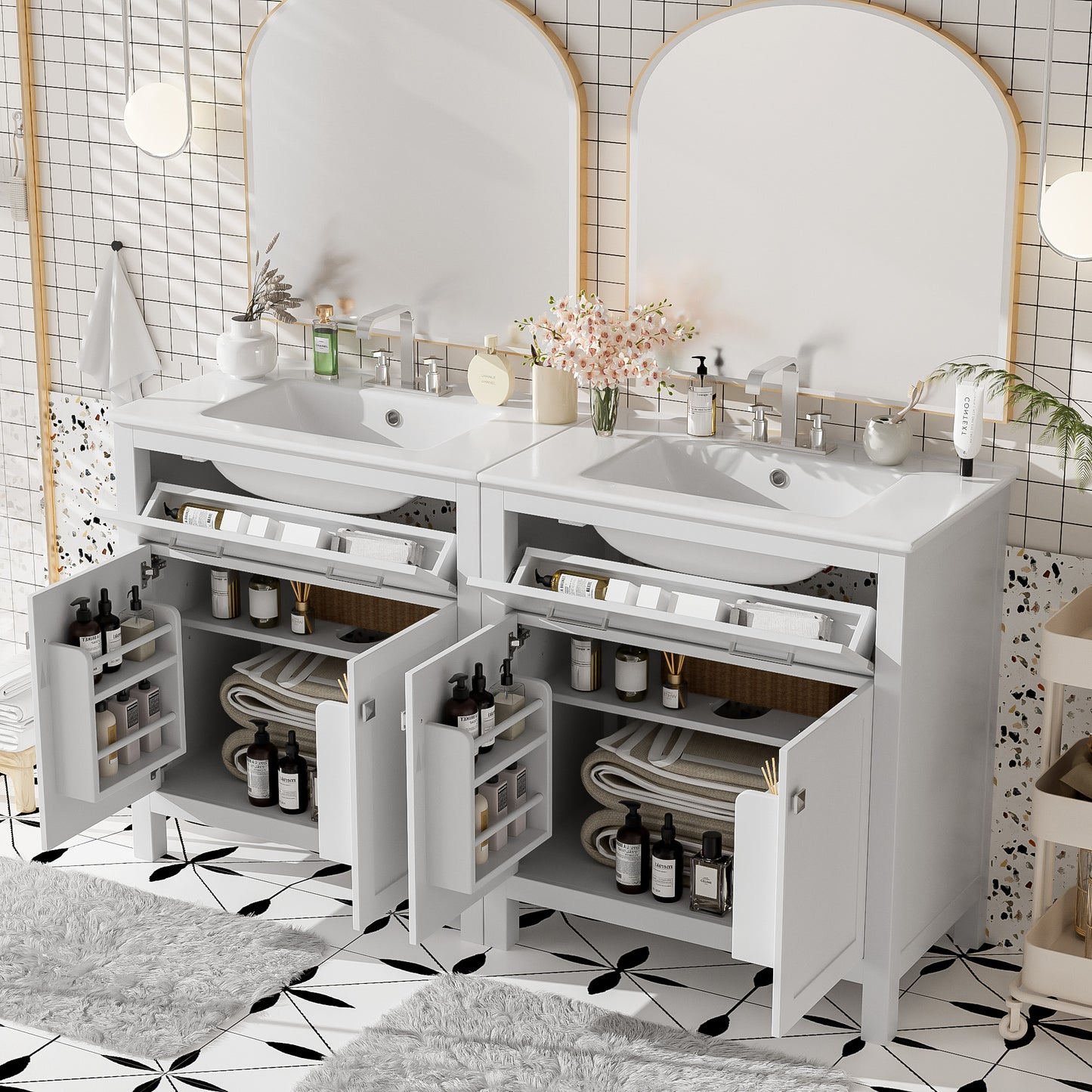 60 Modern White Bathroom Vanity Set With Double Vanities Separate , Double Ceramic Sinks, Adjustable Shelf, Soft Close Doors And Flip Drawer-Modern Bathroom Solution For Spacious Bathrooms