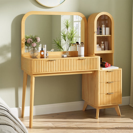 48 Fluted Makeup Vanity Desk With Large 32 Mirror, Modern Glass Top Big Vanity Table With 4 Drawers & Storage Cabinet, Dressing Table Set W Charging Station For Bedroom, Natural