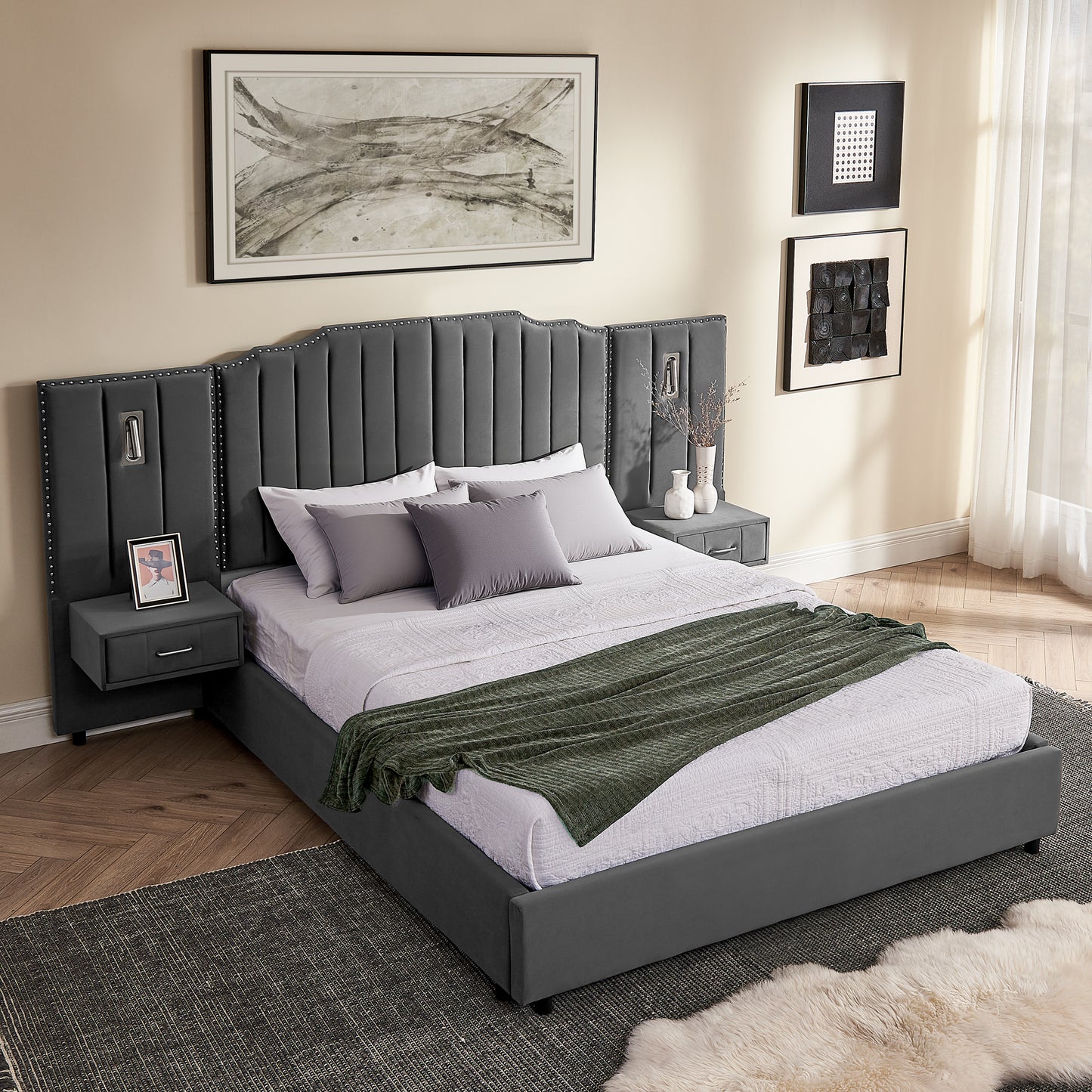 Queen Size Upholstered Bed Frame With Velvet Fabric, Vertical Stripe Design With Buttons Around Platform Bed With Headboard, Solid Frame & Bedside Table - No Box Spring Needed-Gray