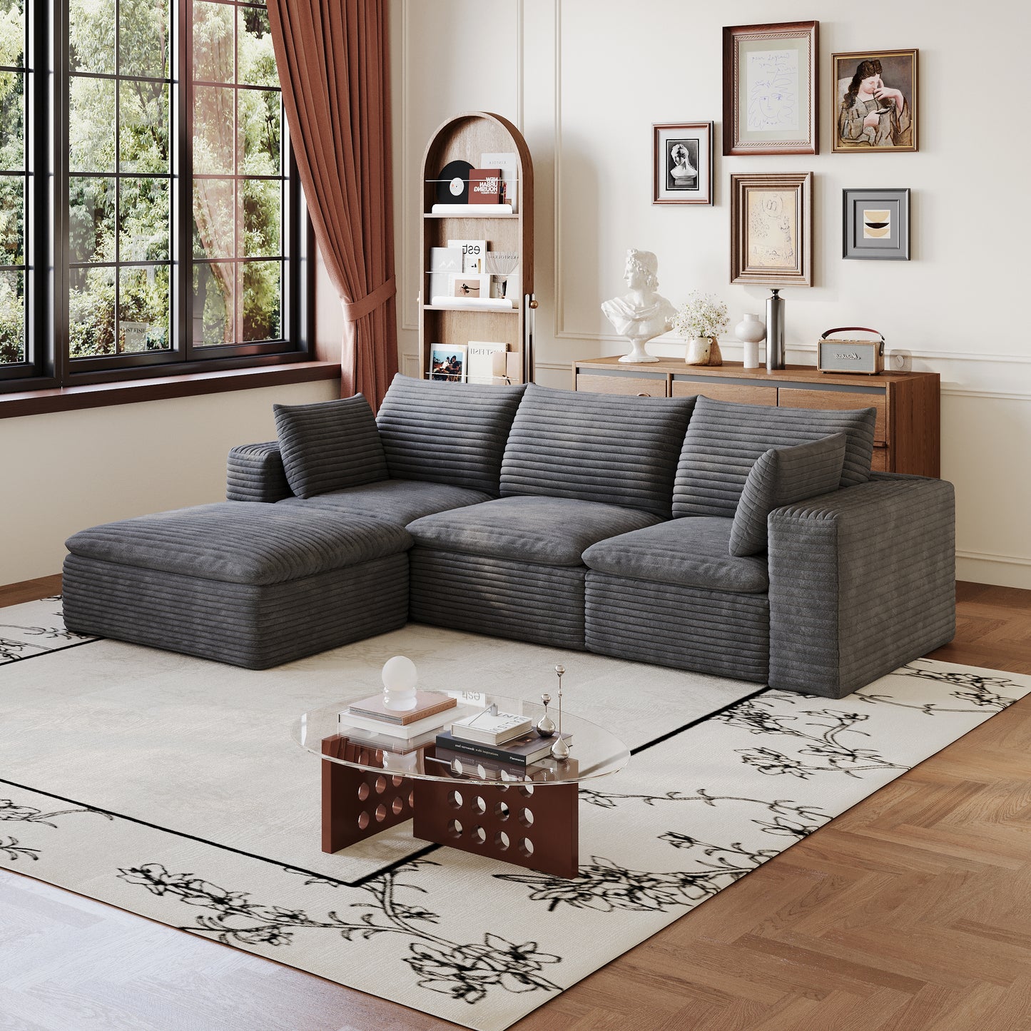 102 Cloud Sofa,Corduroy Fabric,Deep Seat Couches,Double-layer Design,Removable Cushion,No Assembly, DIY Combination For Living Room, Bedroom,Conference Room ,Apartment,Dark Grey