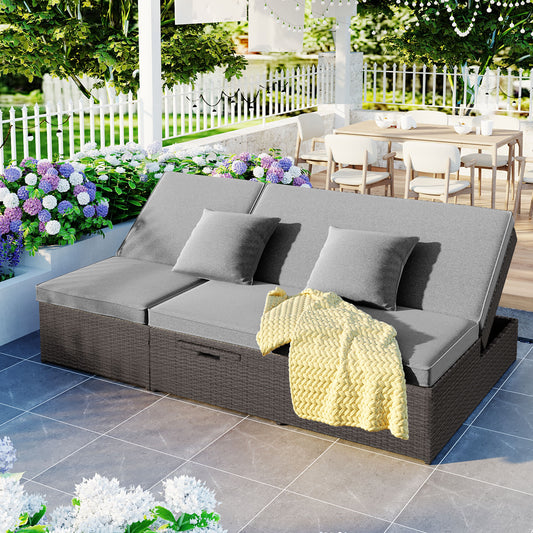 TOPMAX Outdoor Double Sunbed, Wicker Rattan Patio Reclining Chairs With Adjustable Backrest And Seat, Conversational Set For 2 Person, Gray
