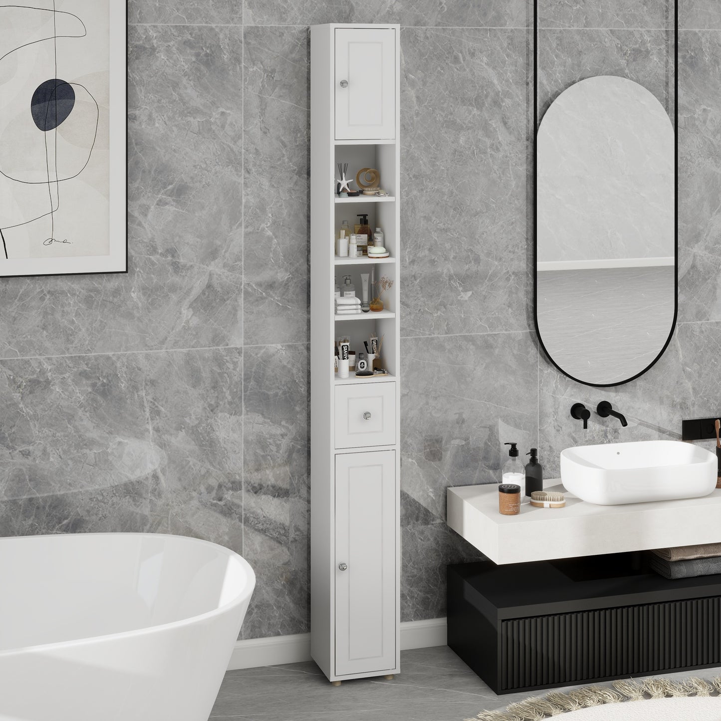 Tall Slim Bathroom Storage Cabinet, 71 Freestanding Bathroom Cabinet With 1 Drawer, 2 Doors And 4 Adjustable Shelves-White
