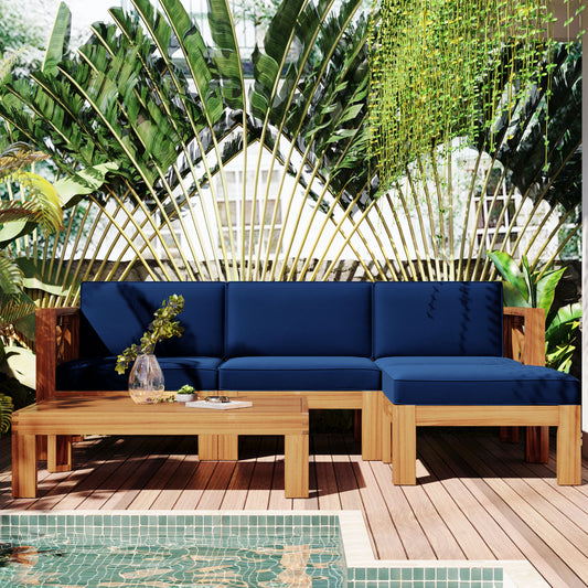 TOPMAX Outdoor Patio Wood 5-Piece Sectional Sofa Seating Group Set With Cushions, Natural Finish Blue Cushions