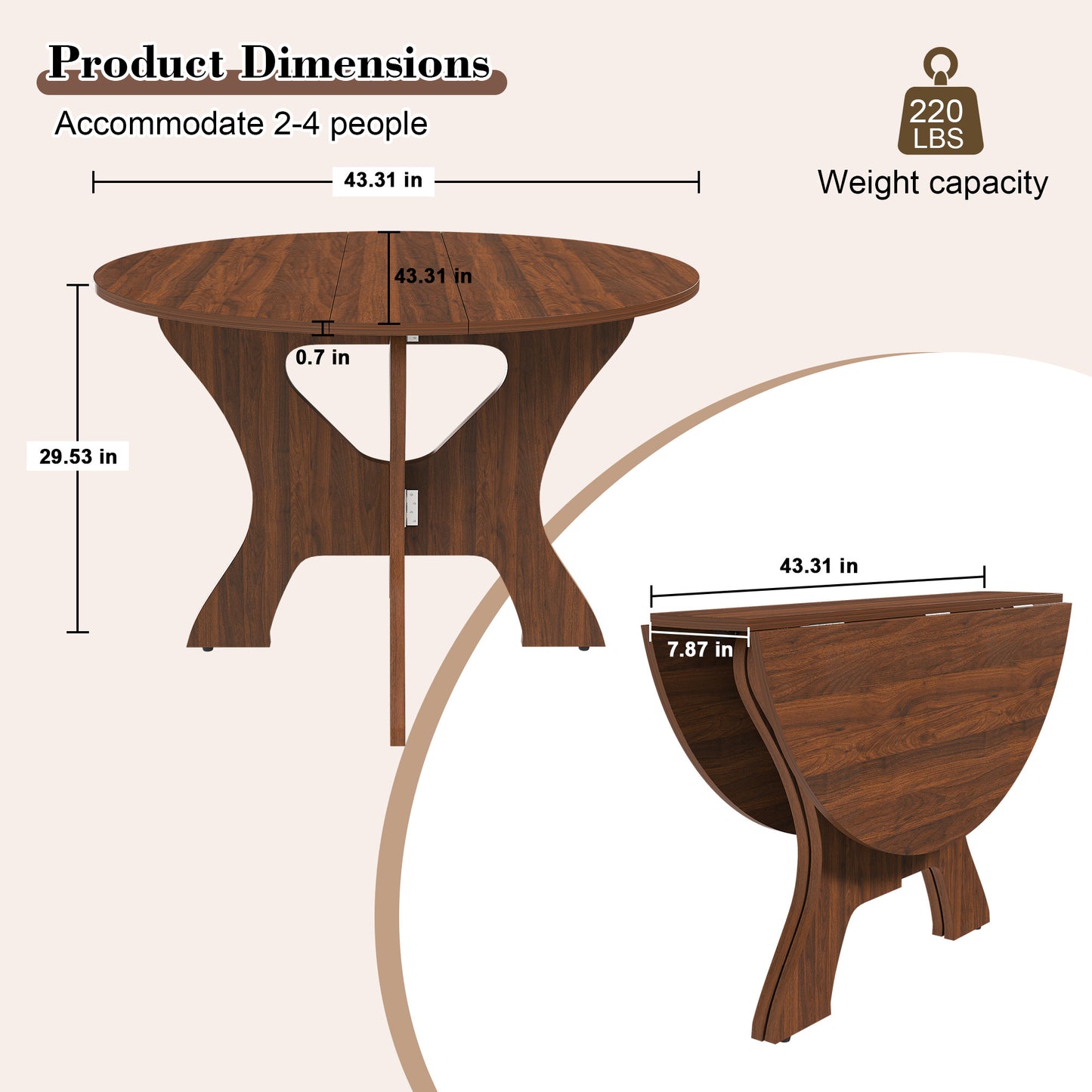 43 In Folding Dining Table For Small Spaces MDF Table With Walnut Veneer Space Saving Foldable Kitchen Table For Indoor And Outdoor Use