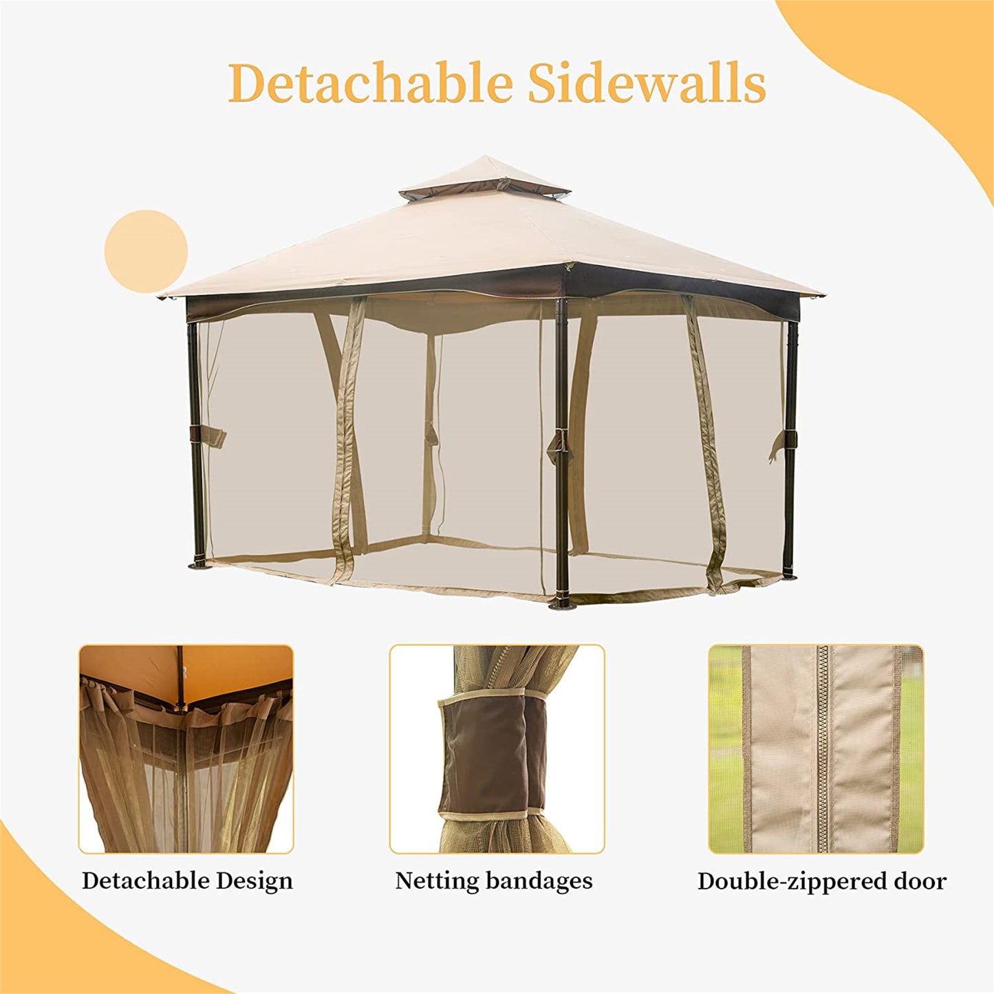 10 X13 Gazebo, Outdoor Gazebo With Mosquito Netting, Metal Frame Double Roof Soft Top Patio Gazebo Canopy Tent For Deck Garden Lawns Khaki