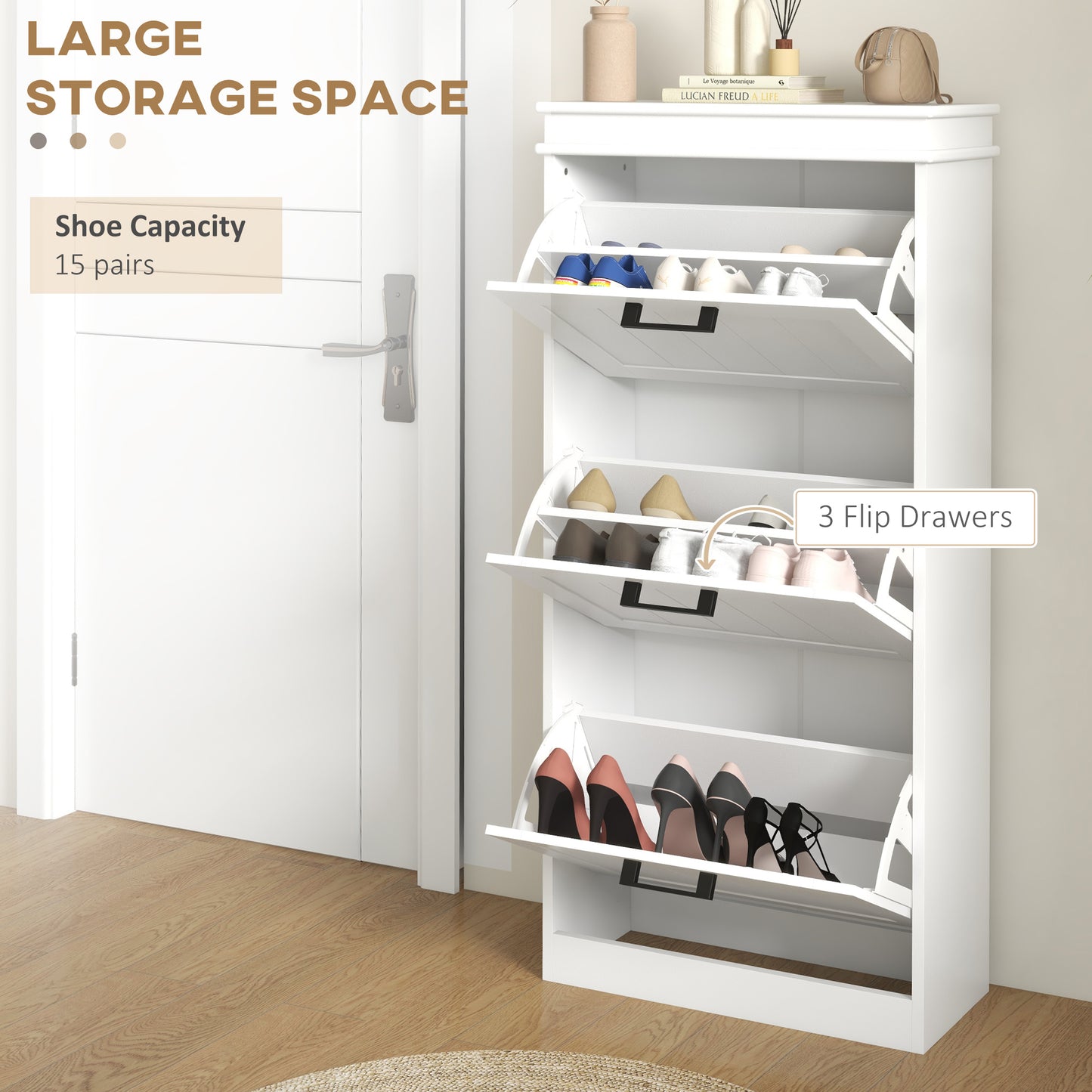 Modern Shoe Storage Cabinet With 3 Flip Drawers For 15 Pairs, Narrow Shoe Organizer For Entryway, Hallway, White