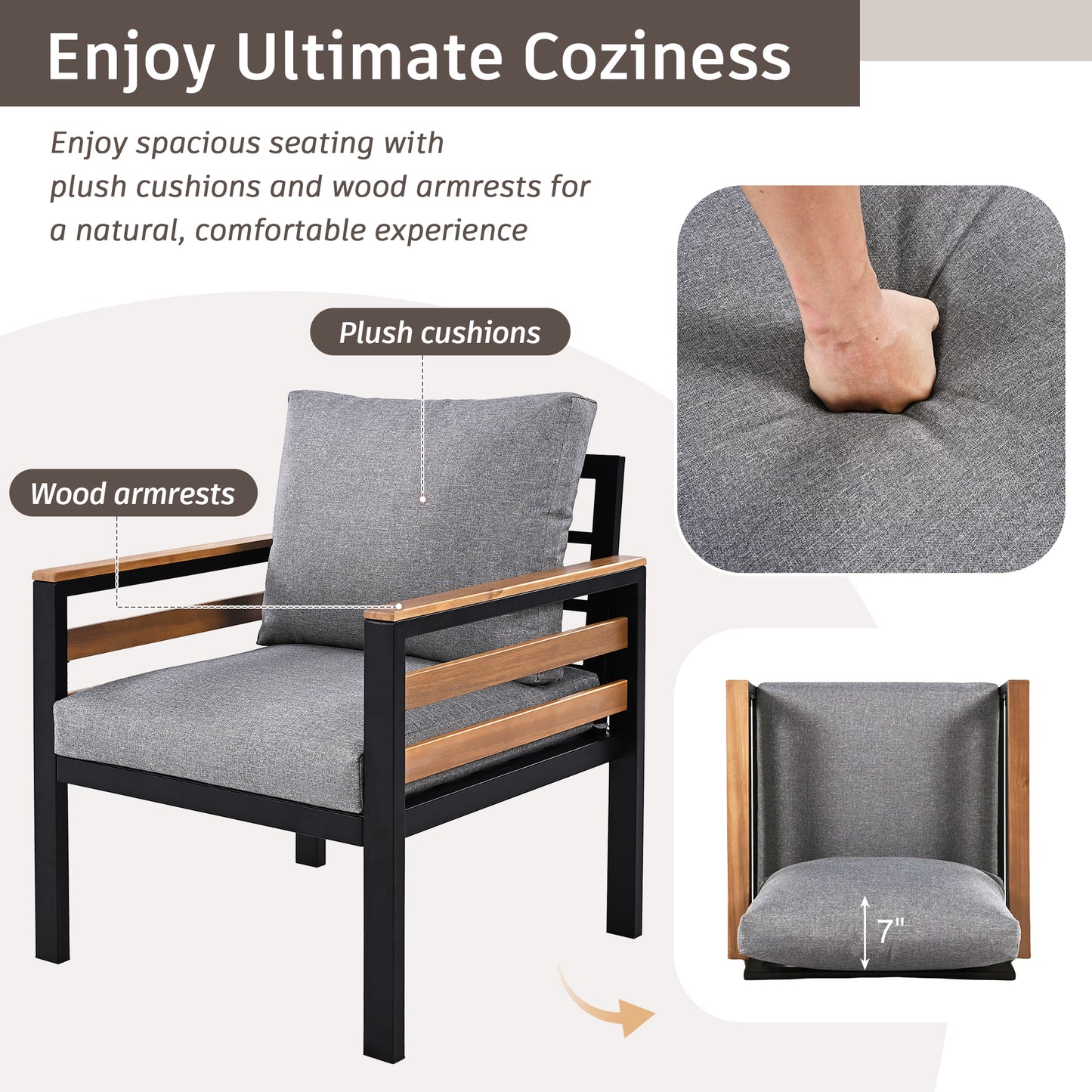 GO 4-Piece Outdoor Furniture Sofa Set For 5 People With Acacia Wood Armrests, Patio Conversation Set With Removable Cushion And Solid Wood Coffee Table For Garden, Grey