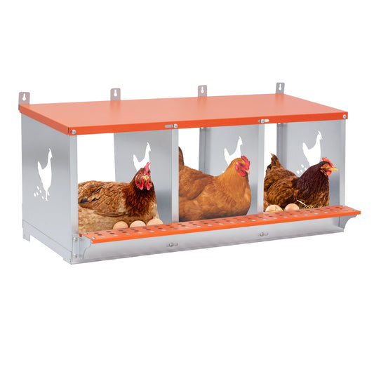3-Bay Metal Nest Box-Wall Mount For Hens Ducks, Easy Egg Assembly, Vented Galvanized Steel Coop Equipment Orange