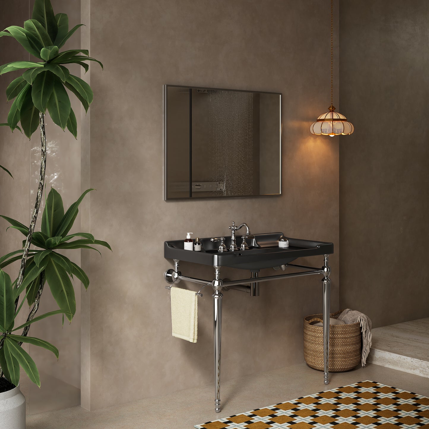 VICI 36 Bathroom Console Sink, Wall-Mounted Black Ceramic Vanity Basin With 3 Pre-drilled Faucet Holes, Freestanding Stainless Steel Support Legs With Towel Bar, No Faucet & Sink Cover, Chrome Color