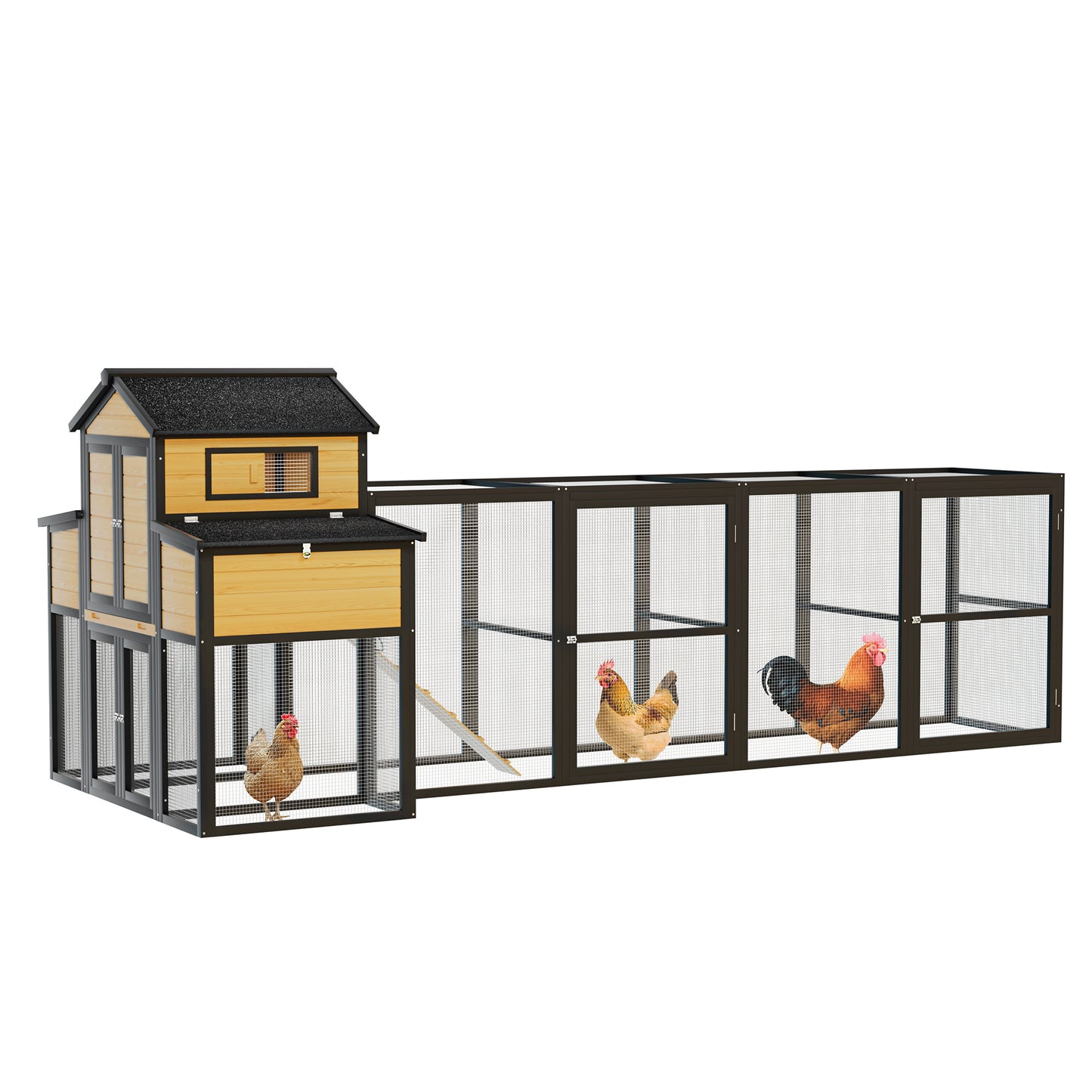 150 Black Large Wooden Chicken Coop Outdoor Hen House With Run And Nesting Boxes, Pull-Out Tray, Sliding Door, Predator-Proof Wire Mesh For 4-6 Chicken