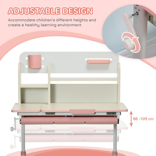 Wooden Kids Study Desk, Height Adjustable Children School Study Table, Student Writing Desk With Tilt Desktop, Drawer, Storage Shelf, Pen Holder, Pink
