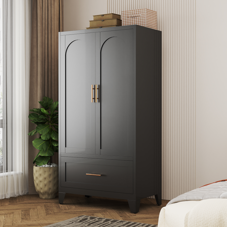 60inch Tall Metal Wardrobe Cabinet With 1 Drawer And Hanging Rod, 2 Doors Wardrobe Closet With Shelf For Bedroom, Office, Laundry Room,Entryway ,Foyer,Guesthouse Black