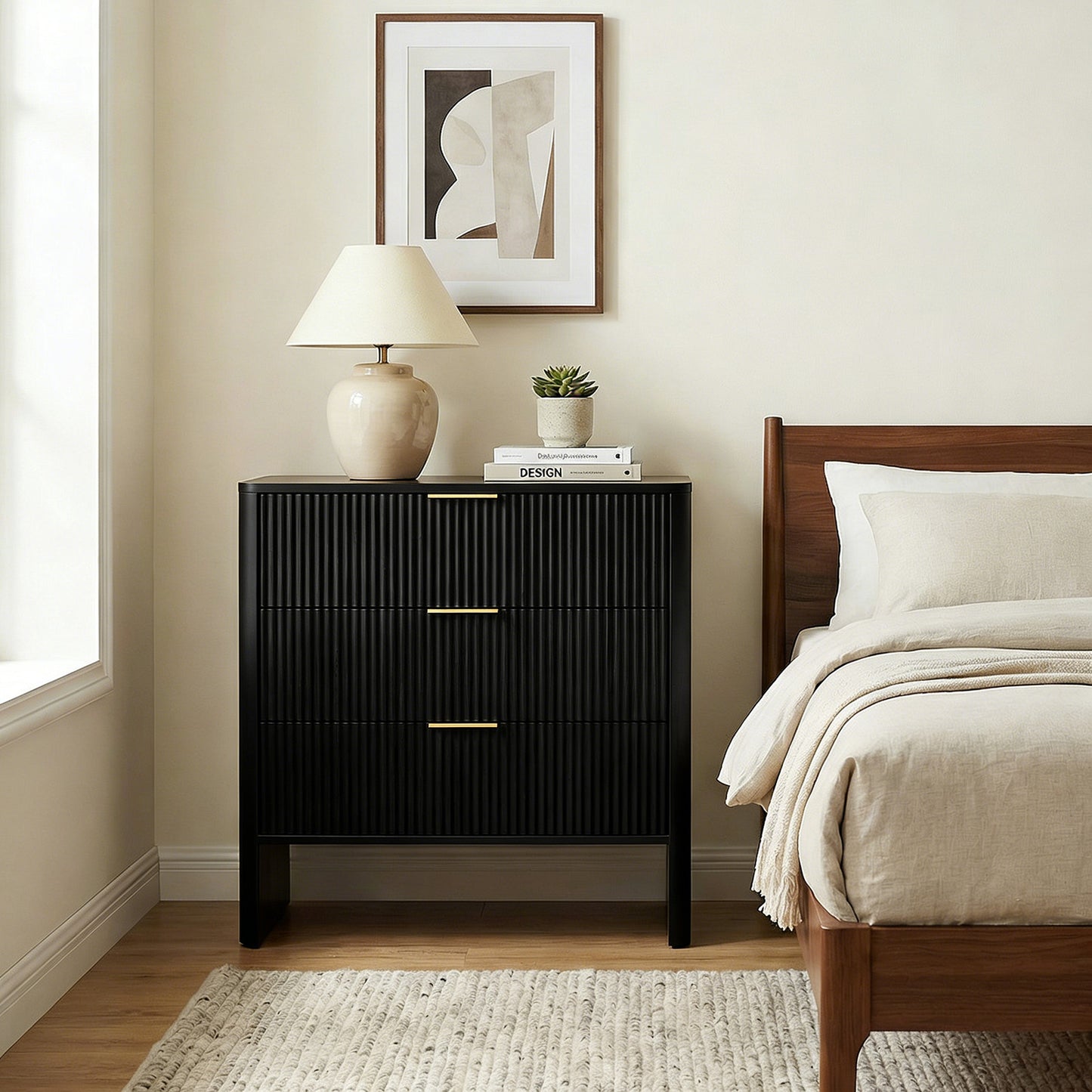 30in Wooden Cabinet With 3 Drawers Wavy Pattern Modern Bedside Cupboard Dressing Table For Bedroom Living Room Hallway Black