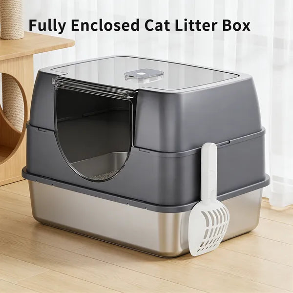 Fully Enclosed Stainless Steel Cat Litter Box White - 2025 Top Pick, Odor Lock, No Litter Scatter, Easy Clean
