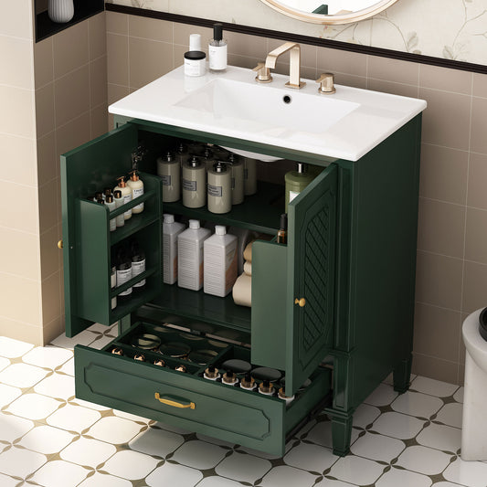 Video 30 Bathroom Vanity With Sink Vintage Style, Multi-functional Storage Space, Door Shelf, Soft-closing Door, Green Same Sku N759P218644F