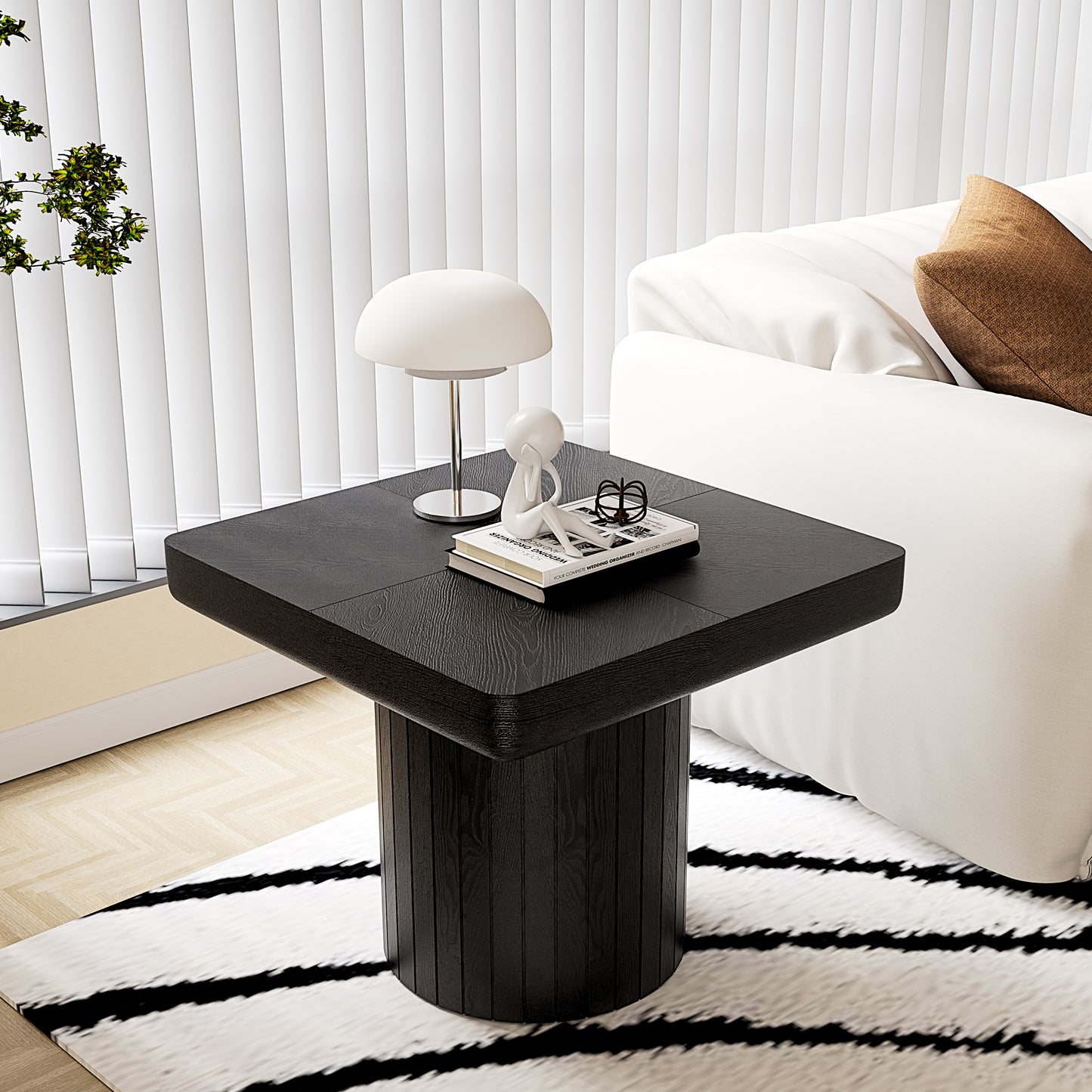 23.6'' Modern Solid Wood Veneer End Table, Minimalist Square Side Table With Parquet Pattern, Grooved Cylindrical Base & Thickened Tabletop, Compact Accent Table For Living Room, Matte Black