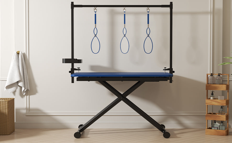 47 Blue Large Dog Grooming Table X-Lift Foldable Grooming Table For Dogs At Home Adjustable Height Arms Pet Station With Nooses, Tool Organizer