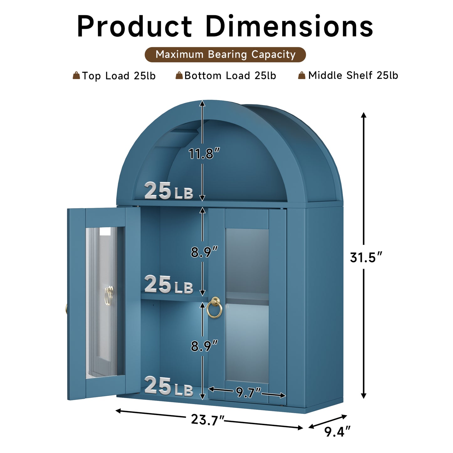 Wall Mounted Arched Cabinet With Glass Doors, Light And Adjustable Shelves For Laundry Room, Bathroom, Kitchen
